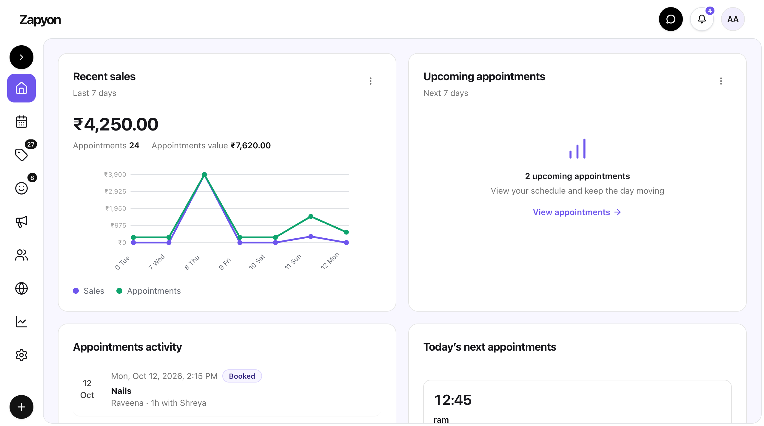 Zapyon business dashboard with recent sales and upcoming appointments