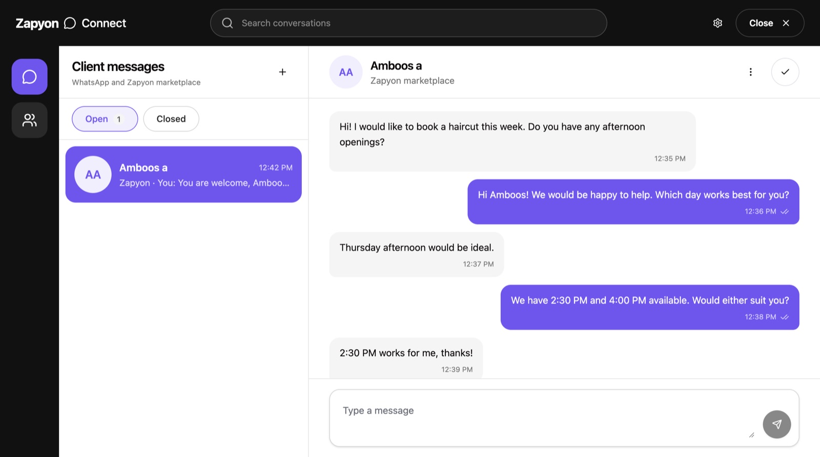 Zapyon Connect conversation between a customer and a business