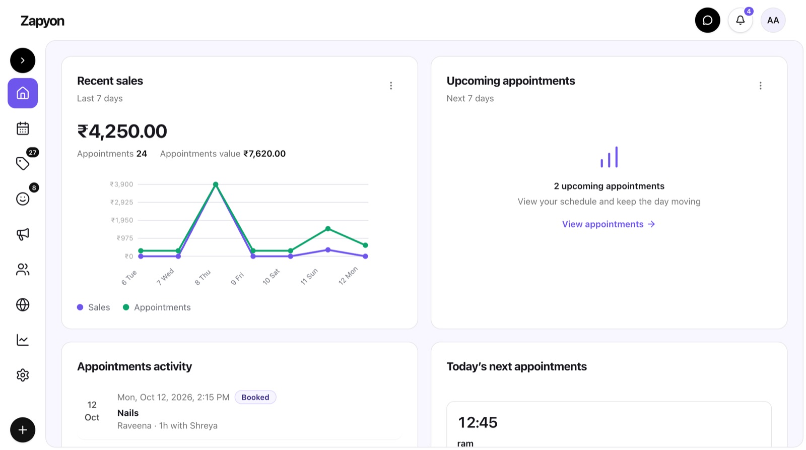 Zapyon dashboard with business activity, sales and upcoming appointments