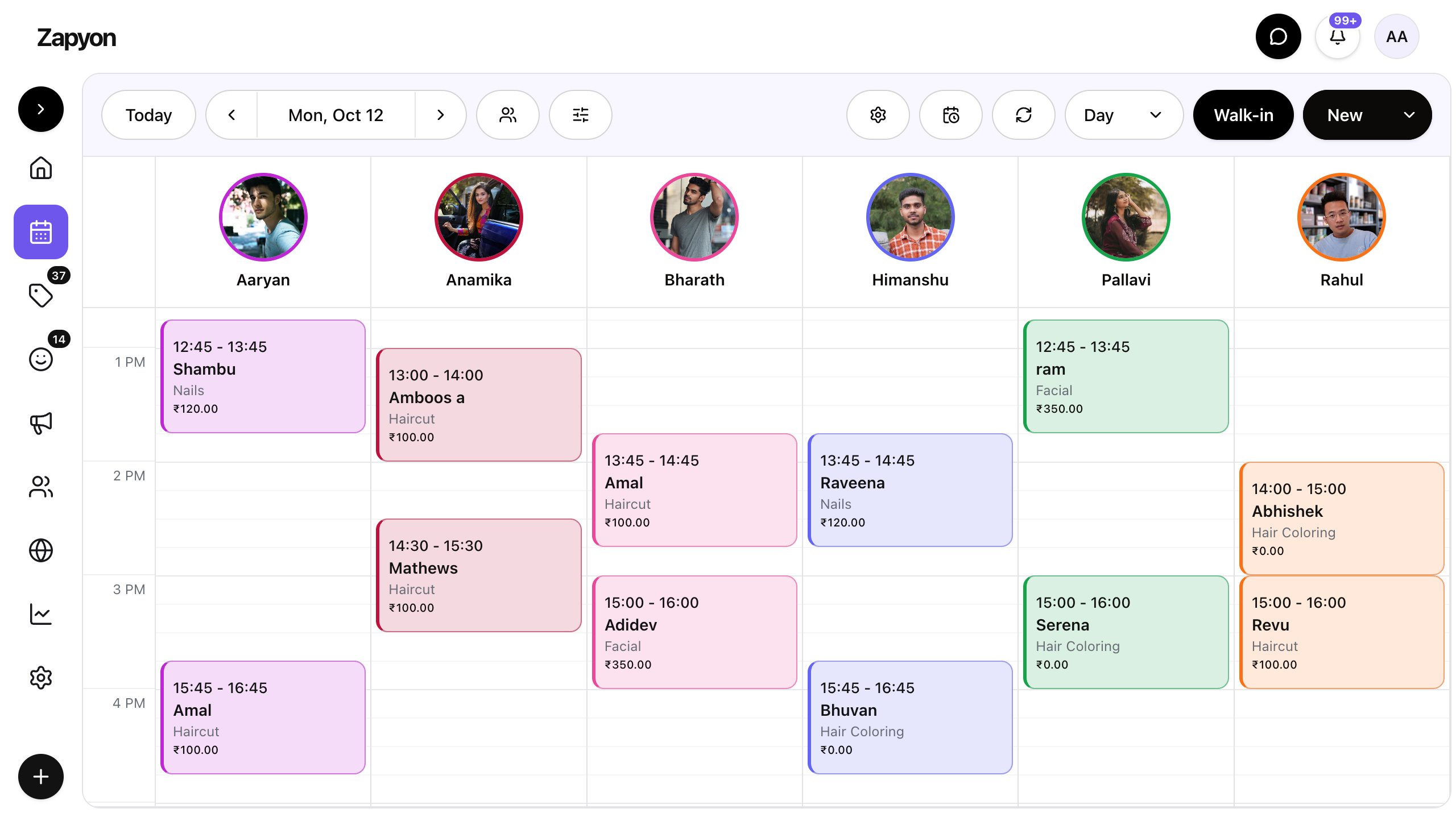 Zapyon business dashboard showing a salon team's appointment calendar